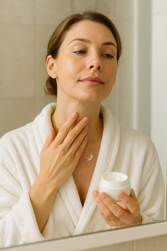 Donna che mette la crema sul collo