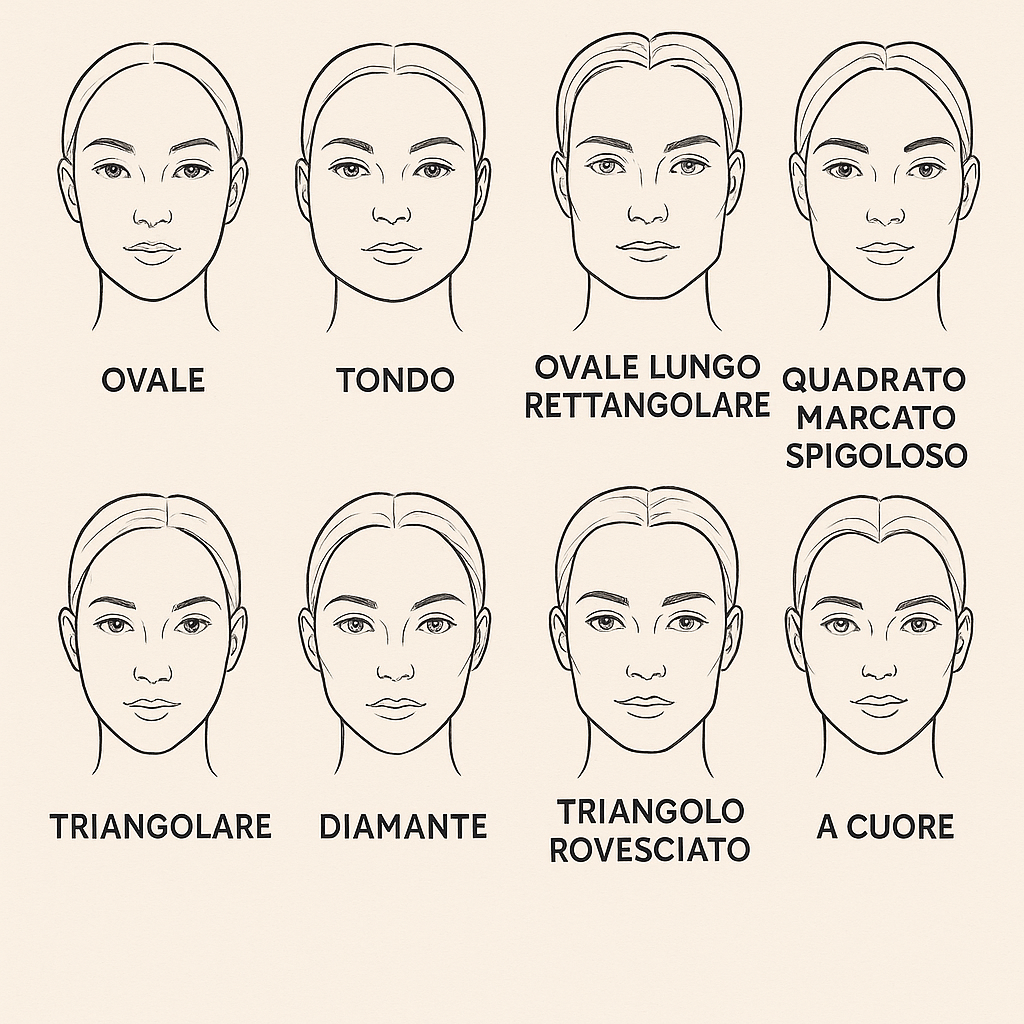 forme del viso, ovale, tondo, diamante, triangolo, cuore, quadrato