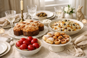 tradizioni culinarie pasquali in Italia e Armenia con colomba uova rosse e pilaf